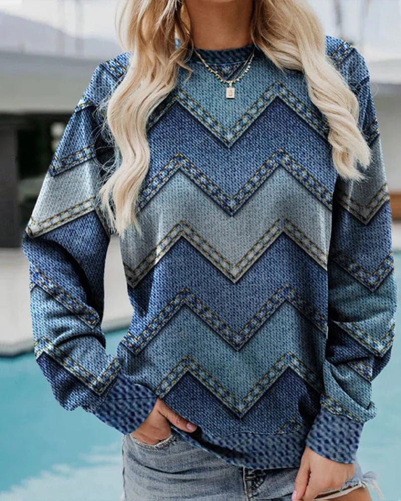 Denim-Trui Dames – Lange Mouwen Casual Trui van Katoen voor Herfst