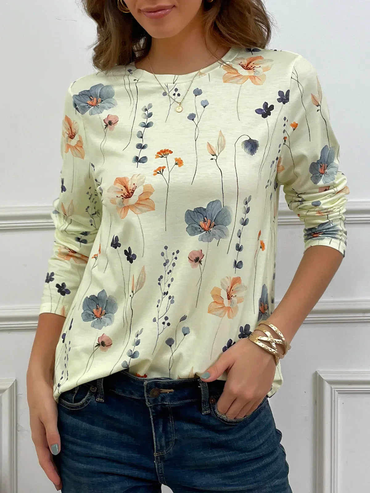 Bloemenpatroon dames shirt – Ronde hals top met bloemenprint voor casual stijl