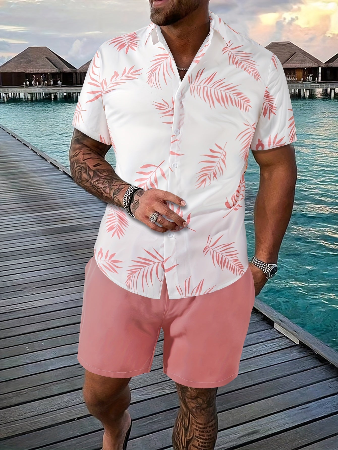 Hemd met bladerenprint heren – Korte broek met trekkoord voor casual zomerlook