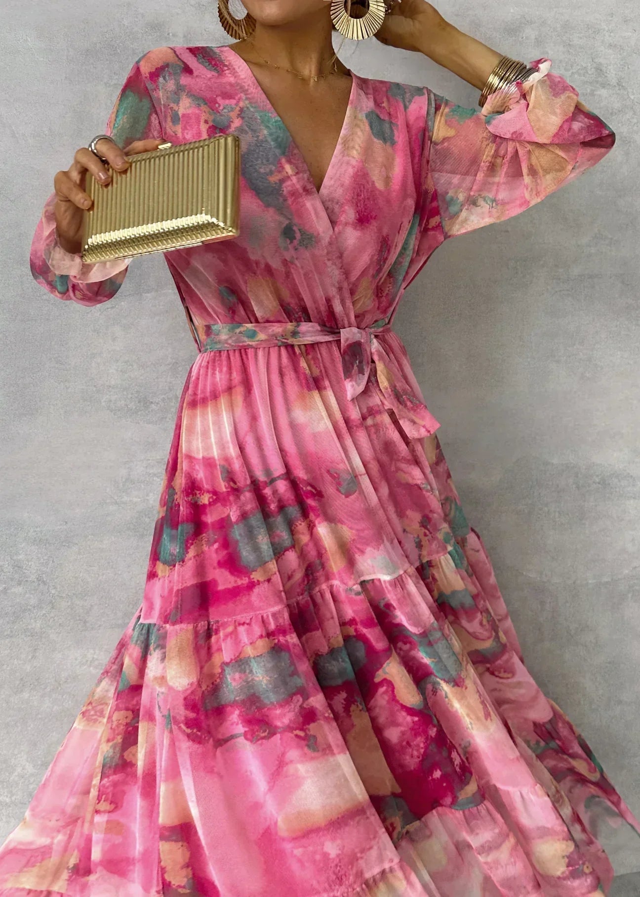 Wikkeljurk Dames – Maxi Jurk Met Bloemenpatroon En Lange Mouwen Elegante Stijl