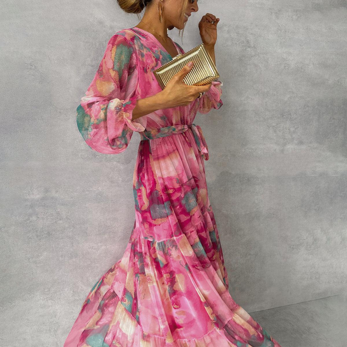 Wikkeljurk Dames – Maxi Jurk Met Bloemenpatroon En Lange Mouwen Elegante Stijl