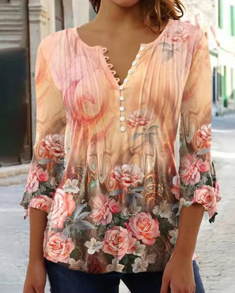 Bloemen-top dames – Elegante bloemenprint blouse met korte mouwen voor zomer