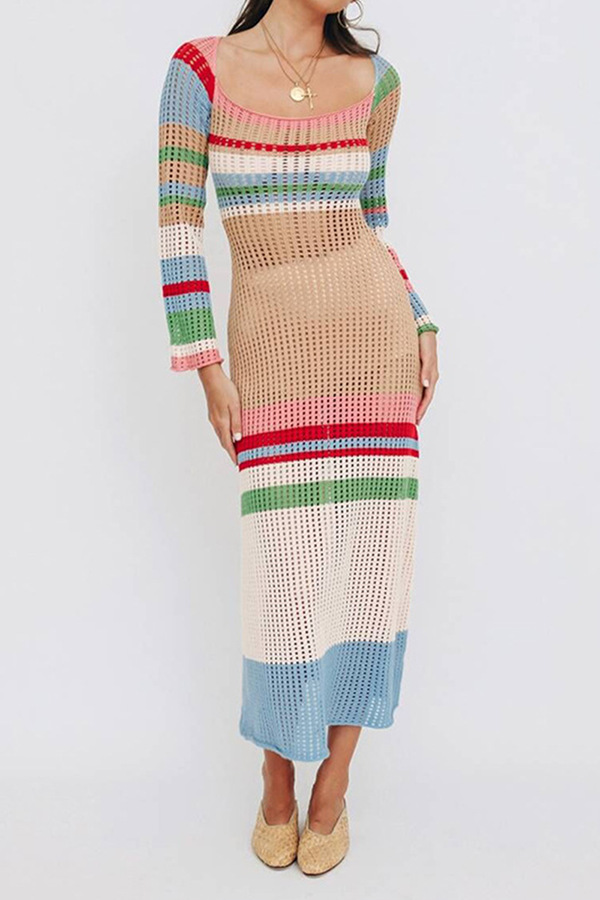Gebreide jurk dames – Kleurrijke lange mouwen jurk met contrastrijke details