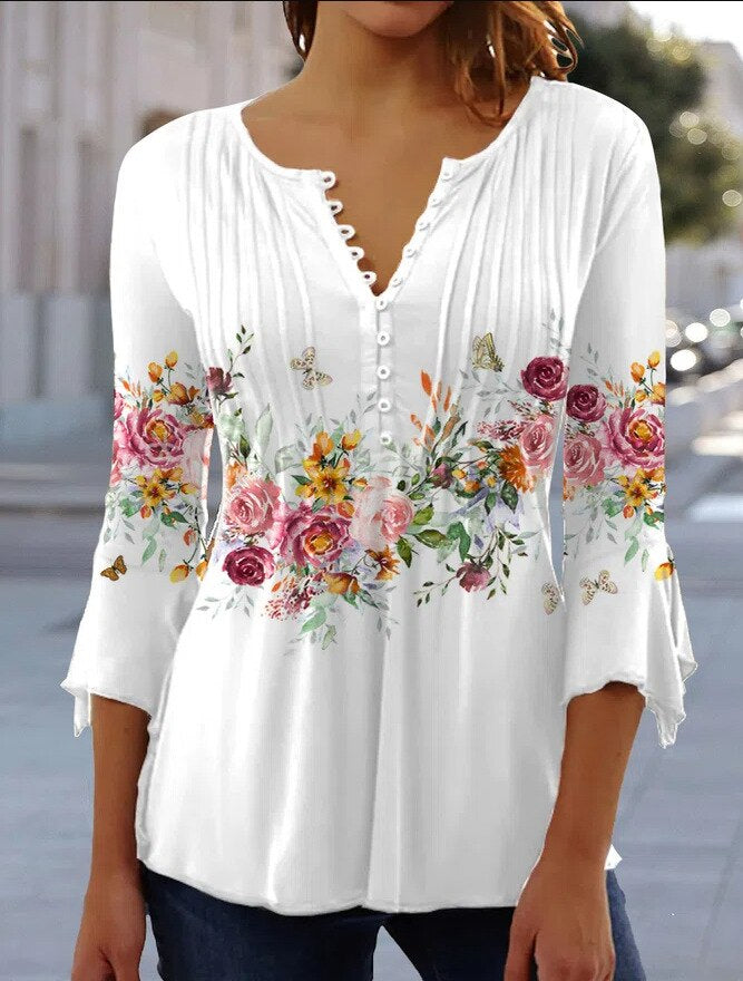 Bloemen-top dames – Elegante bloemenprint blouse met korte mouwen voor zomer