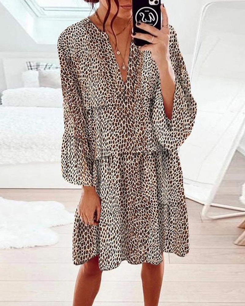 Damesjurk met luipaardprint - Elegante jurk met korte mouwen voor feest en casual