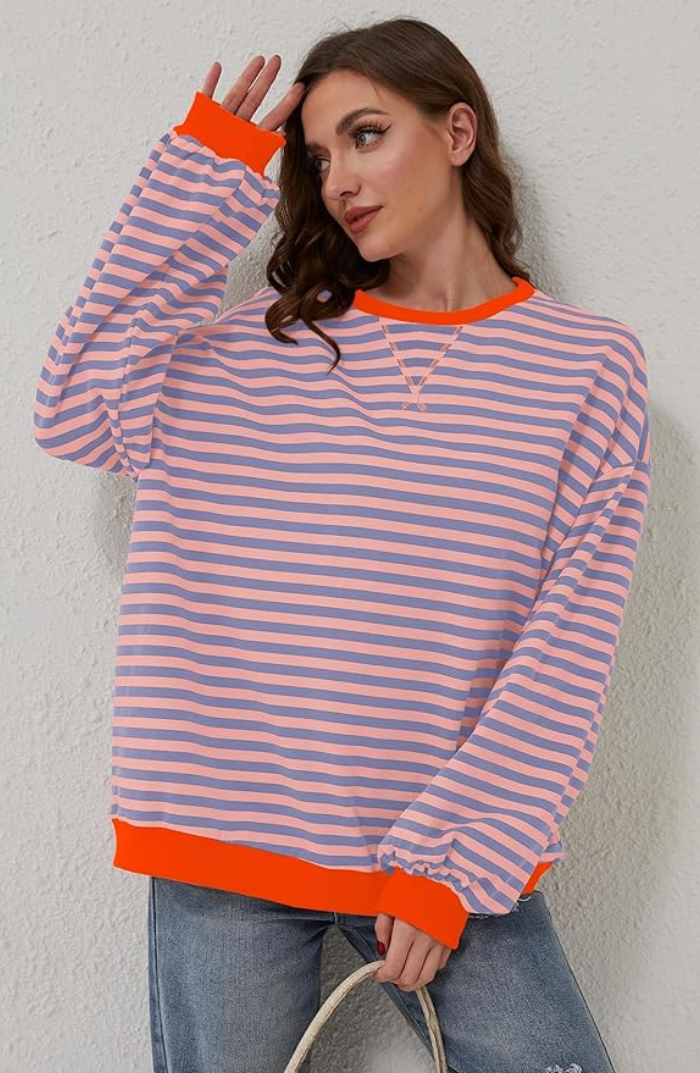 Gestreept Sweatshirt Dames – Comfortabel Overmaat Sweatshirt met Lange Mouwen