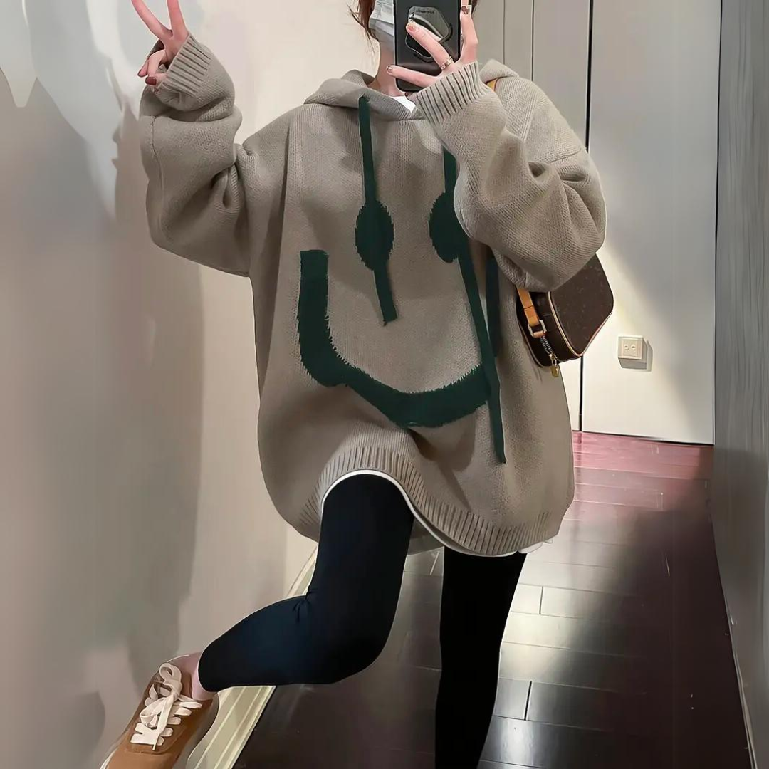 Hoodie Dames Overmaat – Bedrukte Smiley-Hoodie van Katoen voor Comfort