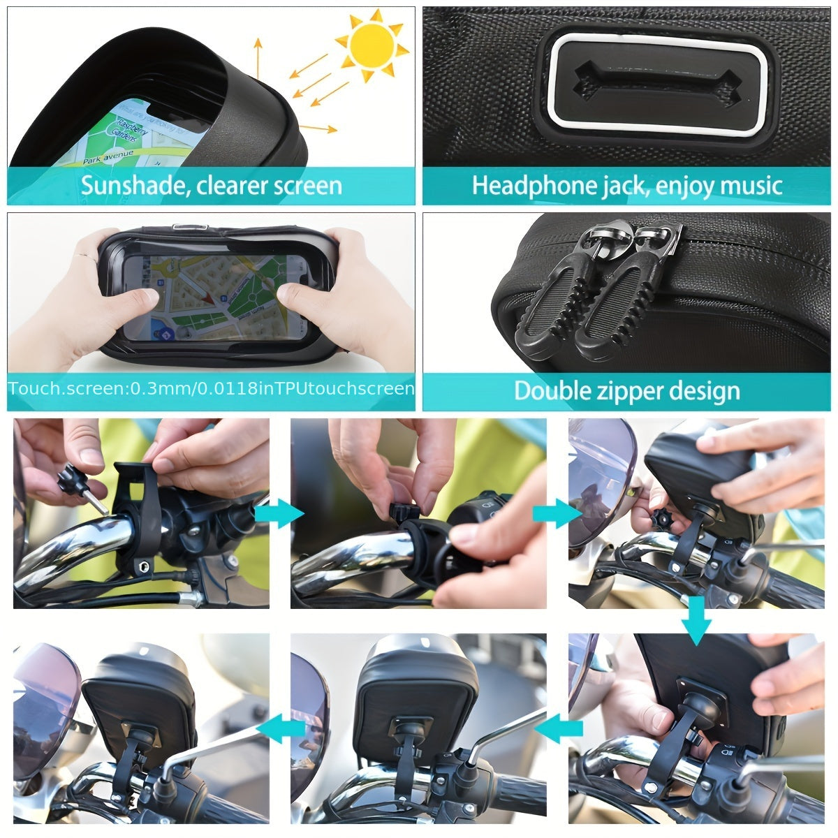 Fiets en Motor Telefoonhouder Handvat Tas 360° Draaioptie Waterdicht
