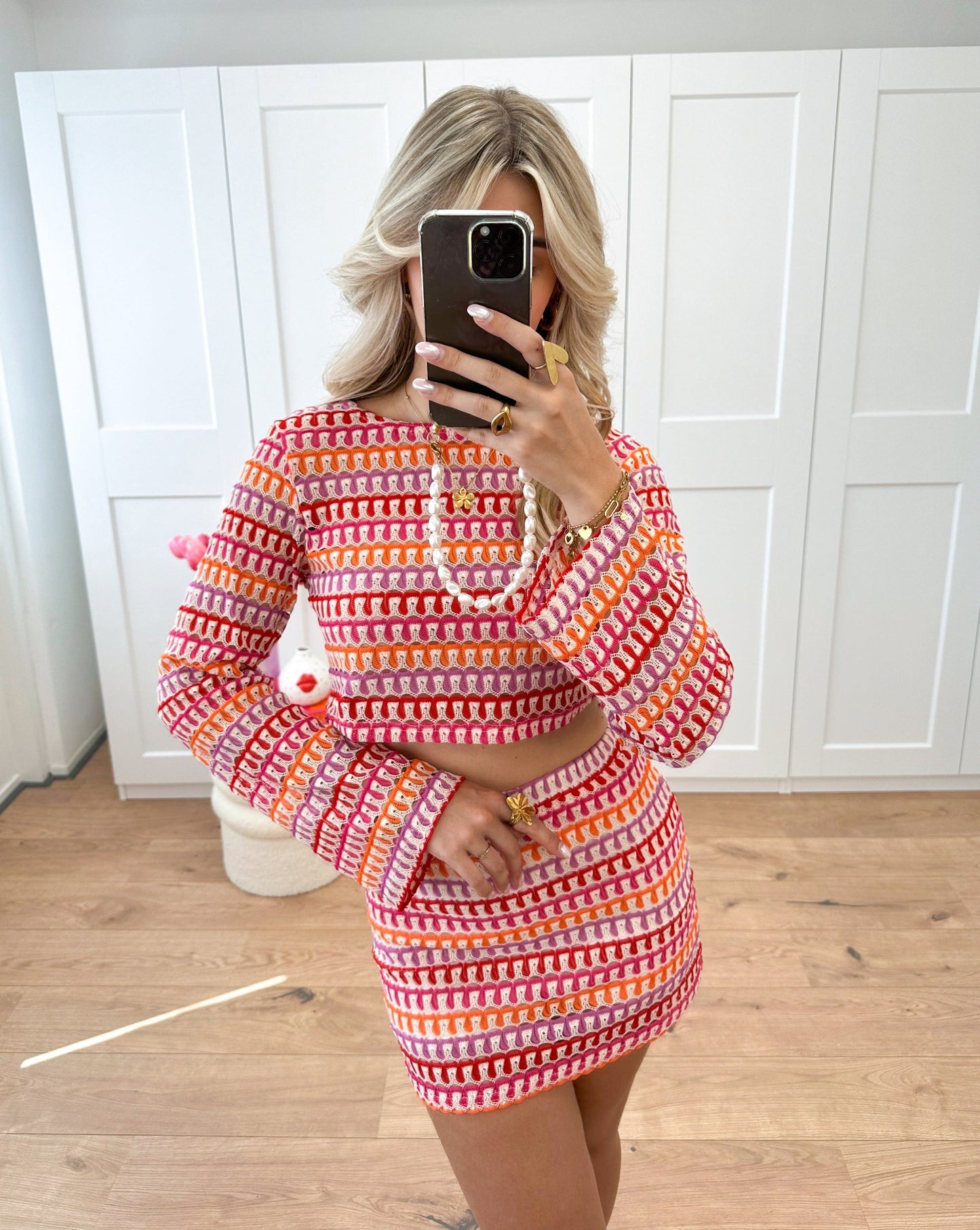 Dames Twee-Delige Set – Crop Top Lange Mouwen en Hoge Taille Minirok Getextureerd