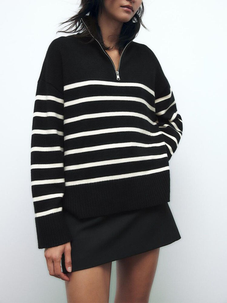 Gestreepte Pullover Dames – Comfortabele Rits Trui voor Casual en Sportief Gebruik