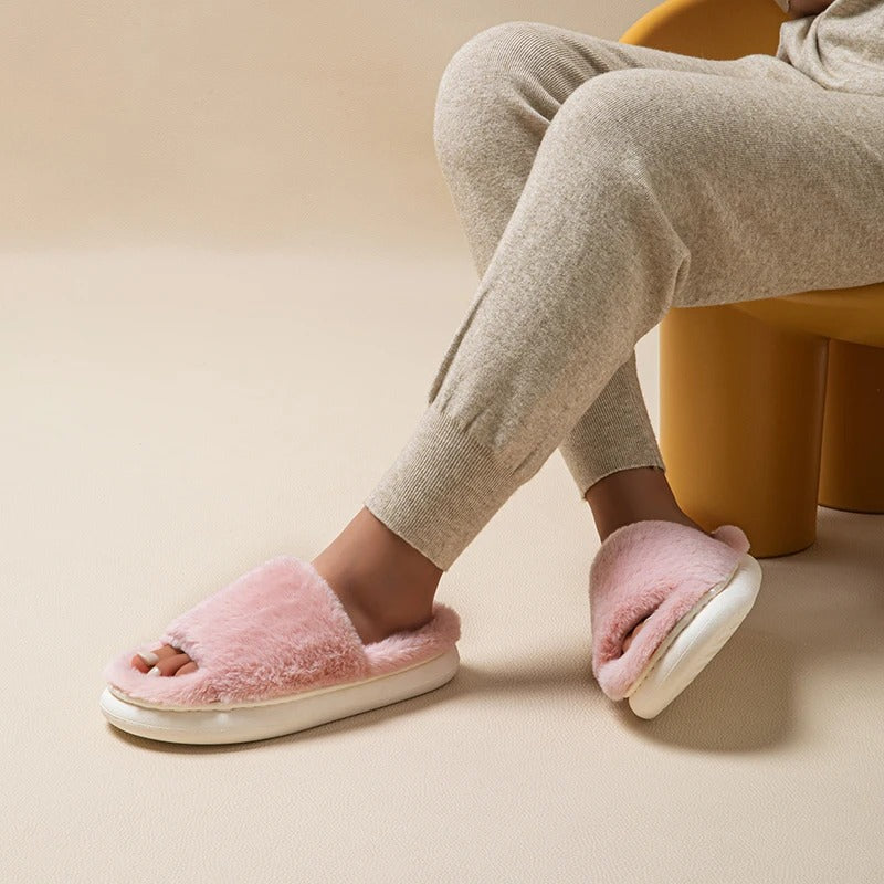 Huisschoenen Dames – Pluche Peep-Toe Slippers voor Comfort en Stijl
