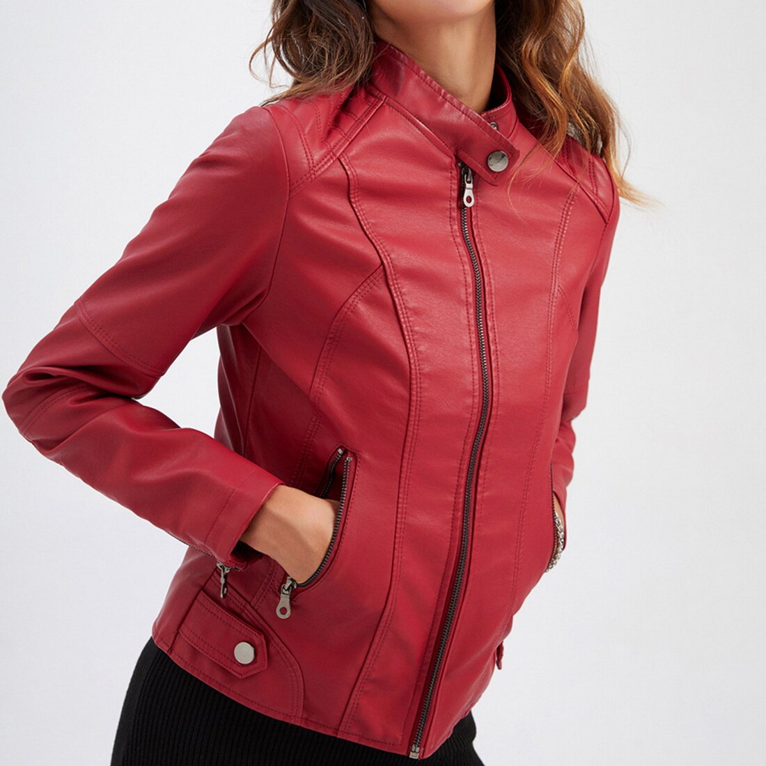 Bikerjack Dames – Stijlvolle leren jas met staande kraag voor casual en bikerlook