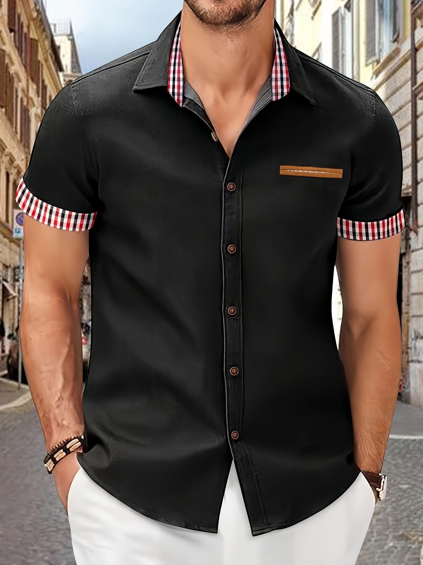 Heren overhemd korte mouwen – Gestreepte kraag casual shirt voor mannen