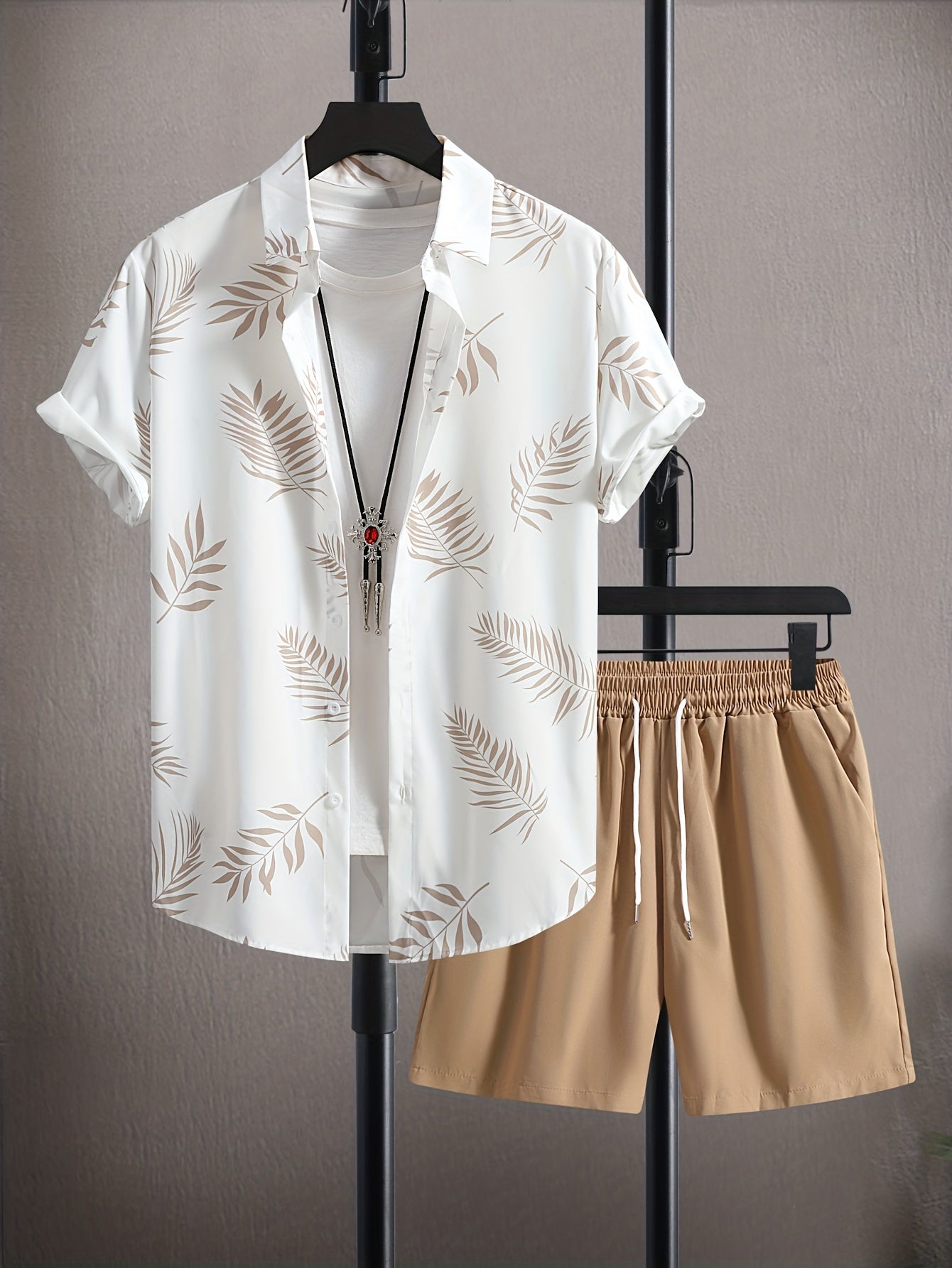 Hemd met bladerenprint heren – Korte broek met trekkoord voor casual zomerlook
