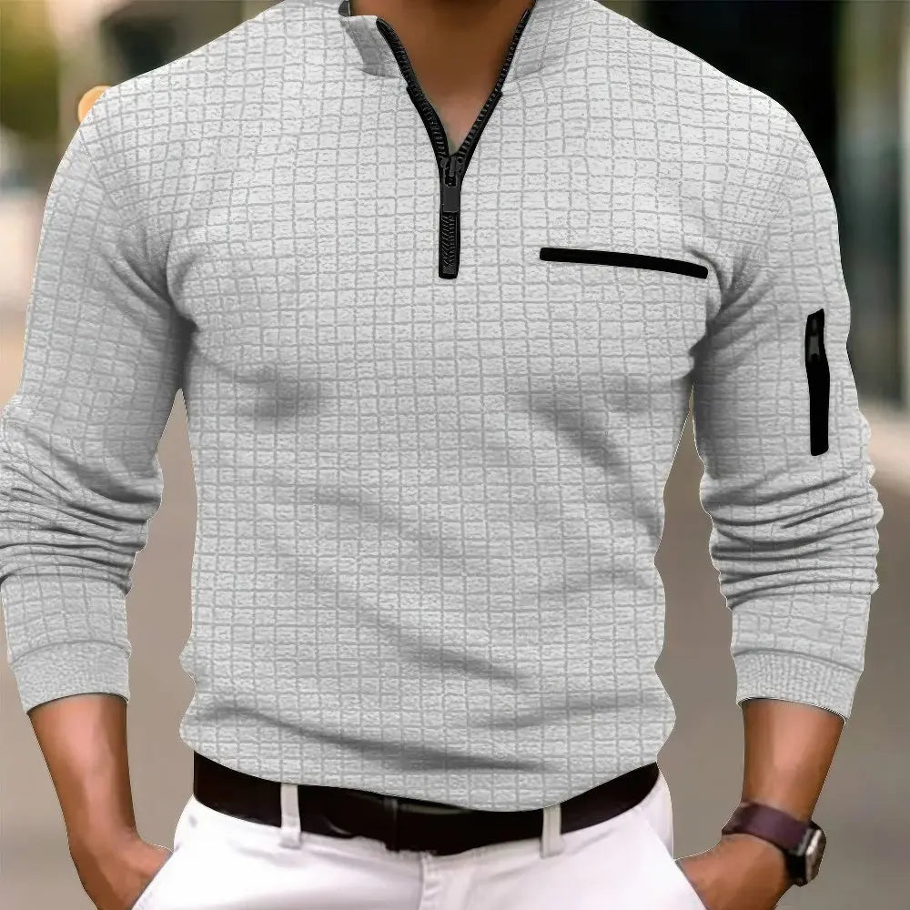 Polo Shirt Heren Casual – Lange Mouw met Zak en Rits voor Vrijetijdskleding