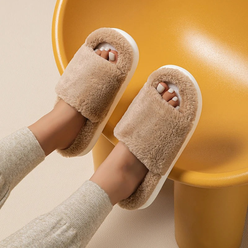 Huisschoenen Dames – Pluche Peep-Toe Slippers voor Comfort en Stijl