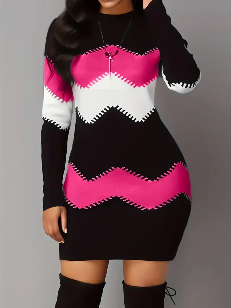Kleurblok Tricot Jurk Dames – Elegante Zigzag Jurk voor Feest en Casual