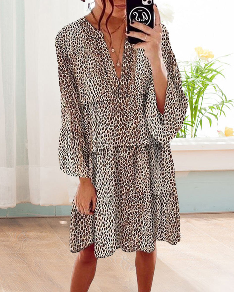Damesjurk met luipaardprint - Elegante jurk met korte mouwen voor feest en casual