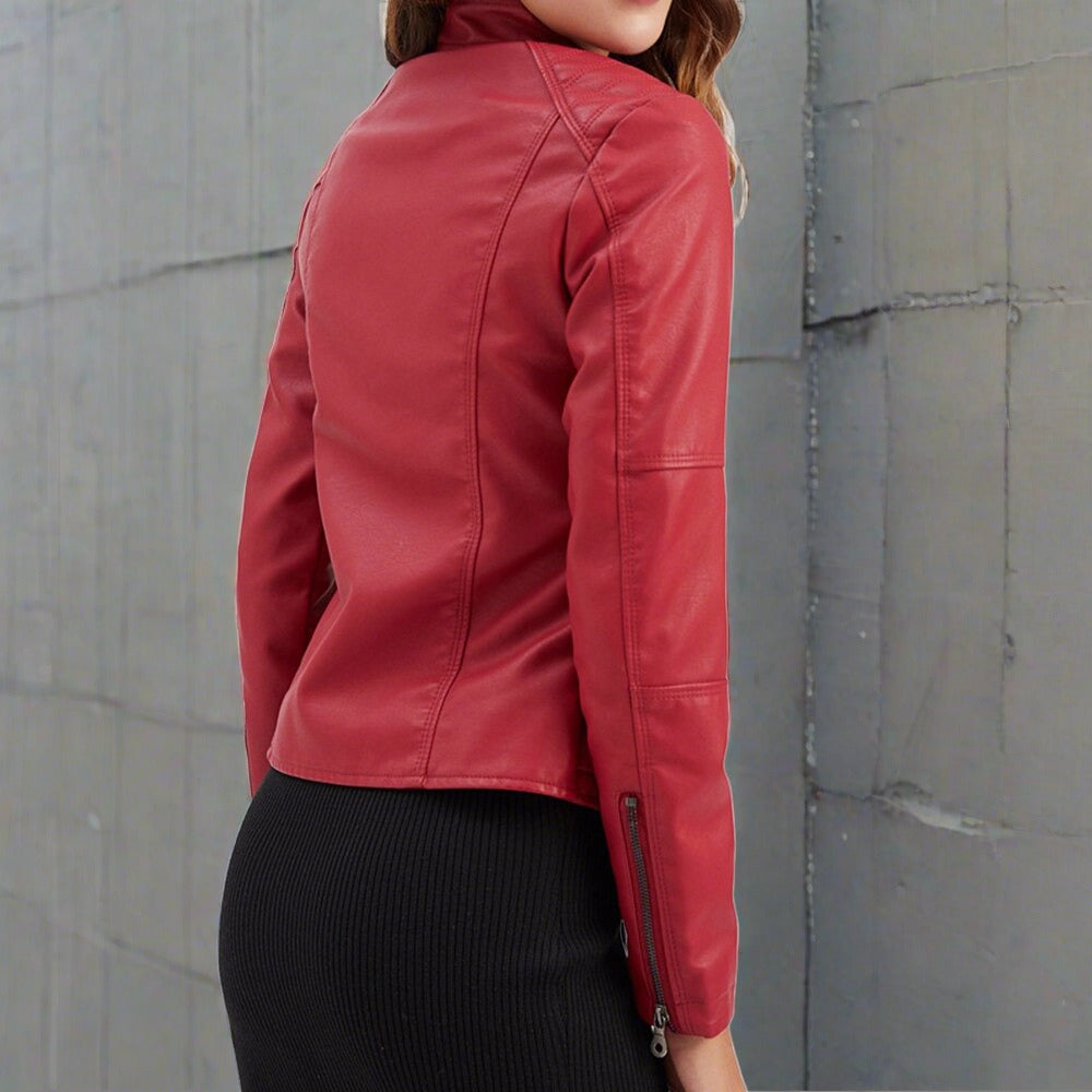 Bikerjack Dames – Stijlvolle leren jas met staande kraag voor casual en bikerlook