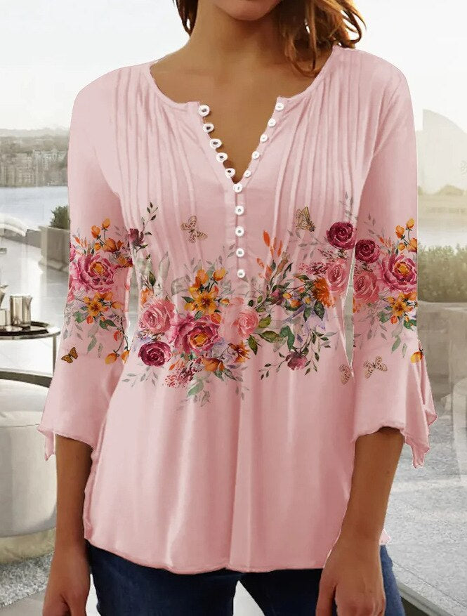 Bloemen-top dames – Elegante bloemenprint blouse met korte mouwen voor zomer