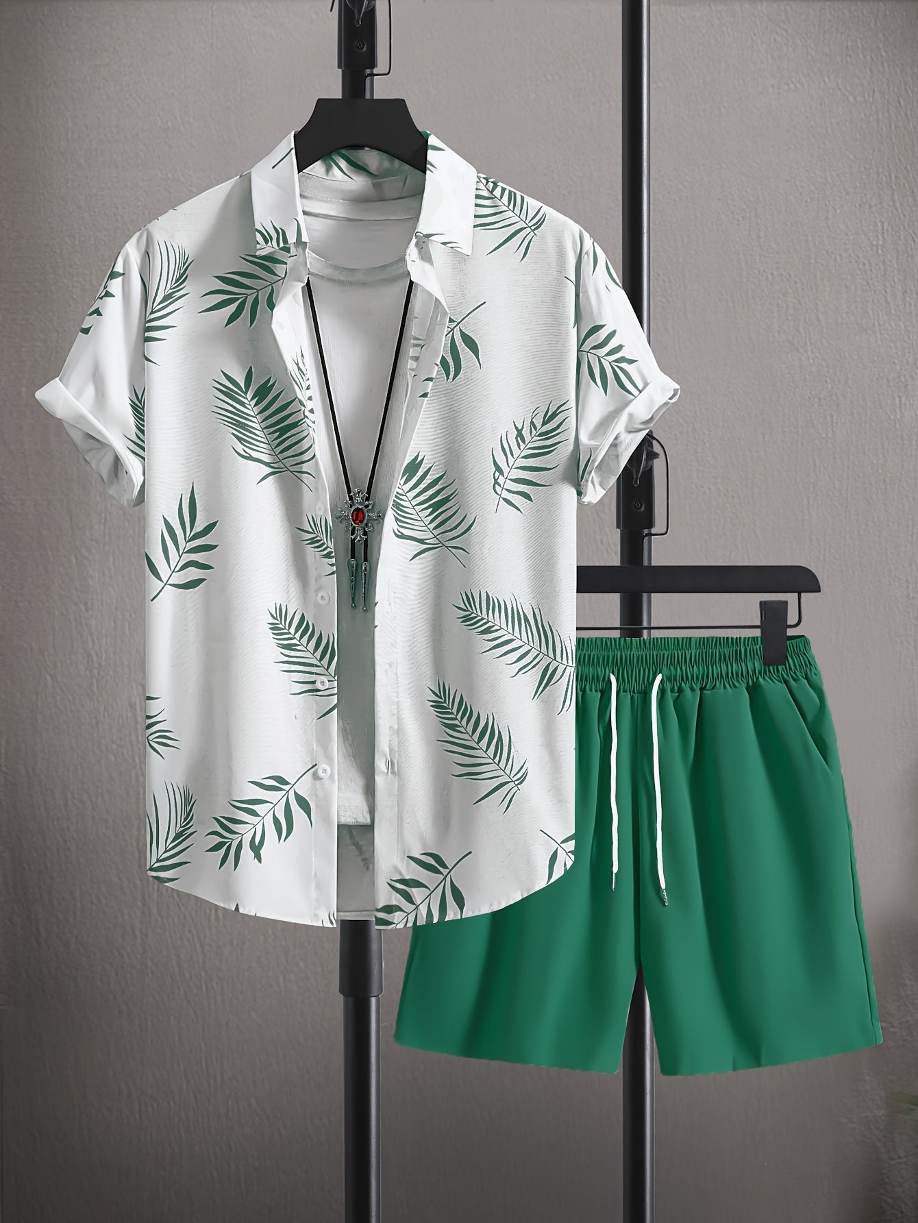 Hemd met bladerenprint heren – Korte broek met trekkoord voor casual zomerlook