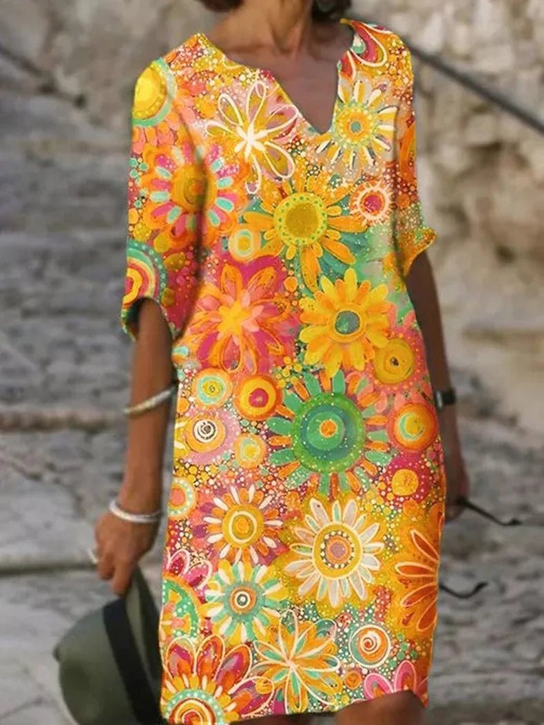 Bloemenjurk Dames – Elegante A-lijn Jurk met Korte Mouwen voor Feest