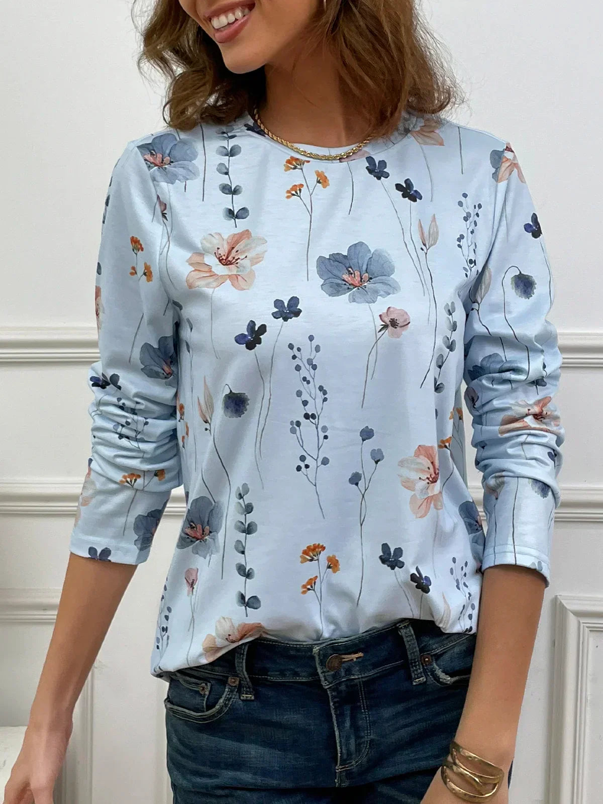 Bloemenpatroon dames shirt – Ronde hals top met bloemenprint voor casual stijl