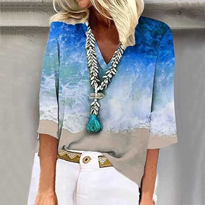 Hemd voor Dames – Oceaan Gedrukt Blouse met Korte Mouwen en Casual Stijl