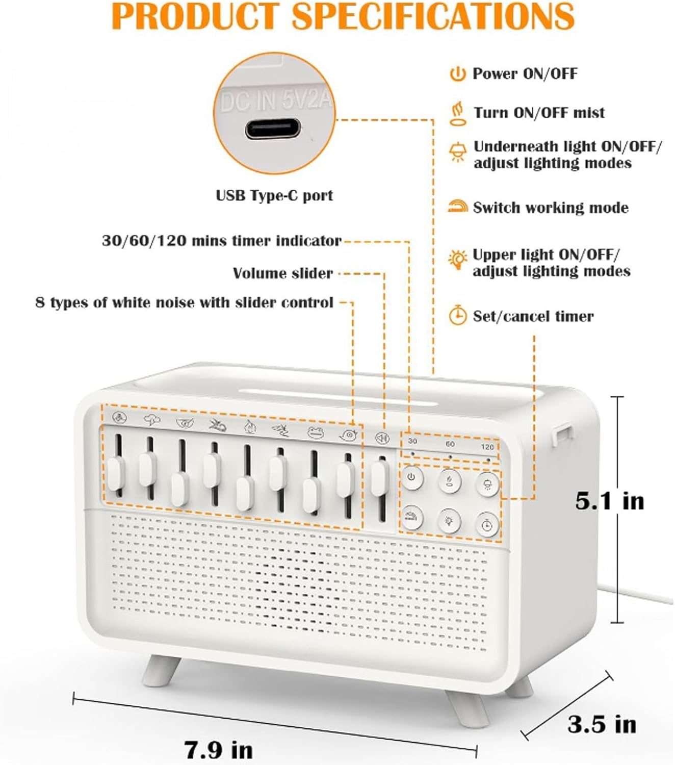 Witte Ruis Machine Luchtbevochtiger Geluidsmachine Diffuser Bluetooth
