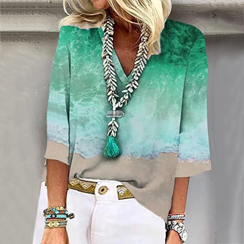 Hemd voor Dames – Oceaan Gedrukt Blouse met Korte Mouwen en Casual Stijl