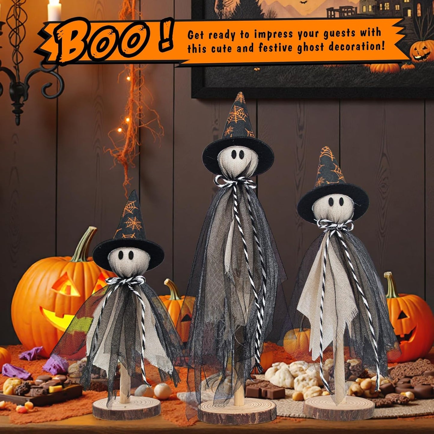 Houten Spook Halloween Decoraties Set van 3