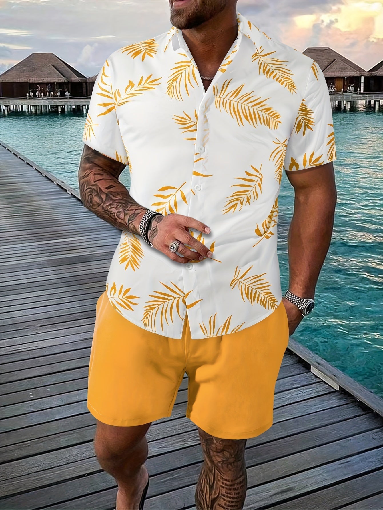 Hemd met bladerenprint heren – Korte broek met trekkoord voor casual zomerlook