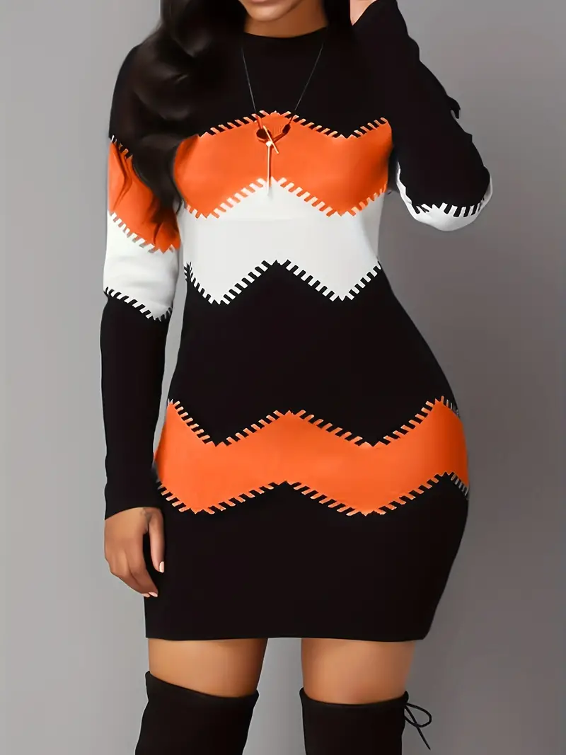 Kleurblok Tricot Jurk Dames – Elegante Zigzag Jurk voor Feest en Casual