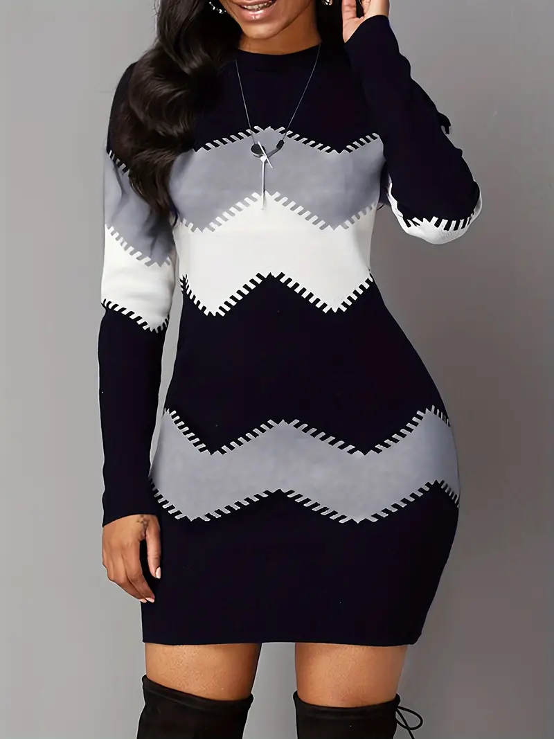 Kleurblok Tricot Jurk Dames – Elegante Zigzag Jurk voor Feest en Casual