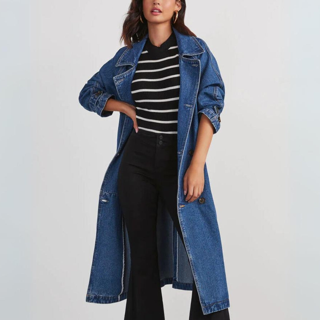 Lange Jeansmantel Dames – Modieuze Jeansjas met Oversized Pasvorm en Zakken