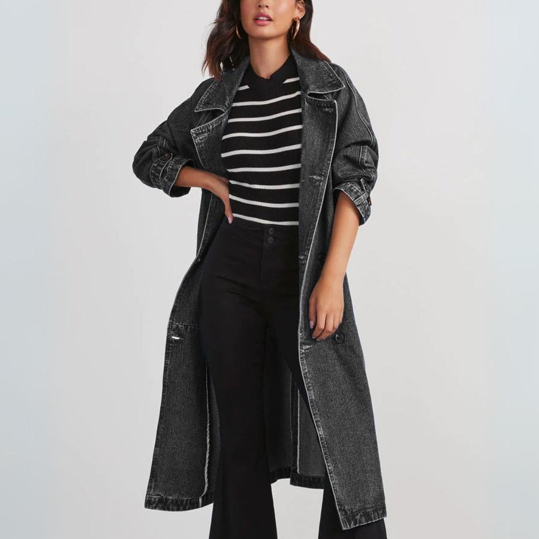 Lange Jeansmantel Dames – Modieuze Jeansjas met Oversized Pasvorm en Zakken