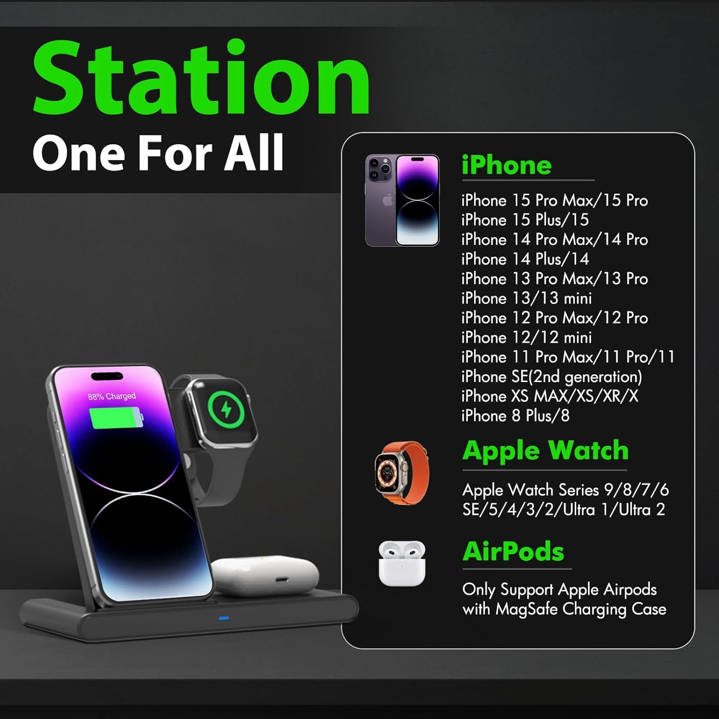 Draadloze Snellader Stand 3 in 1 voor iPhone Apple Watch AirPods