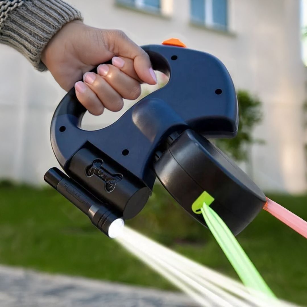Dubbele Inrolbare Hondenriem met Zaklamp en Afvalzakhouder