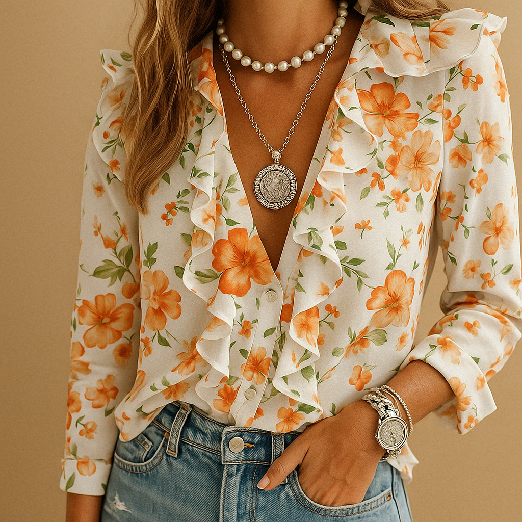 Blouse dames lange mouw – Luchtige blouse met ruches en trendy print