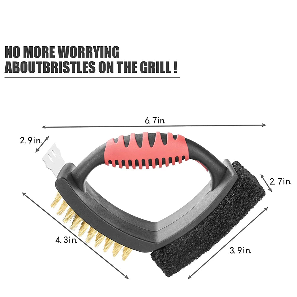 Grillborstel 3 in 1 met Messing Haren en Schraper