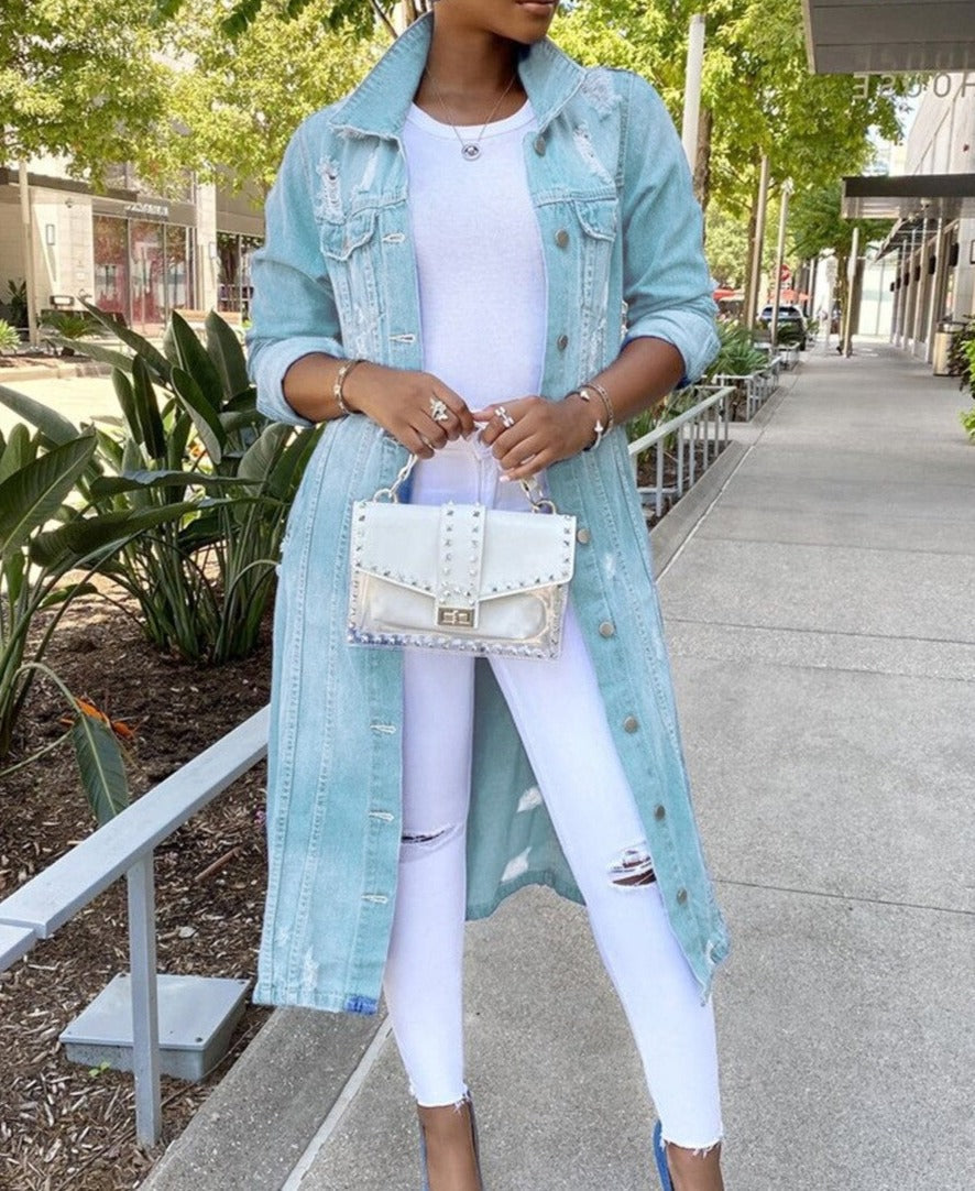 Dames Jeansjacke – Lange gescheurde denim jas voor casual stijl en comfort