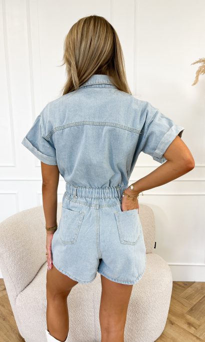 Denim jumpsuit dames – Korte broek met knopen en blouse stijl voor casual look