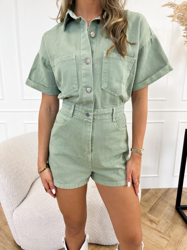 Denim jumpsuit dames – Korte broek met knopen en blouse stijl voor casual look