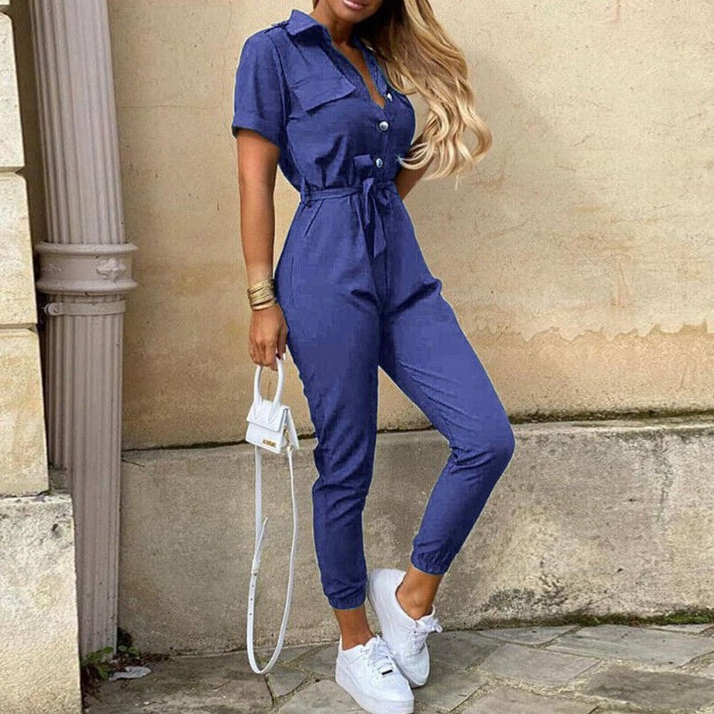 Korte Mouw Jumpsuit Dames – Elegante Jumpsuit met Ceintuur voor Feest en Casual