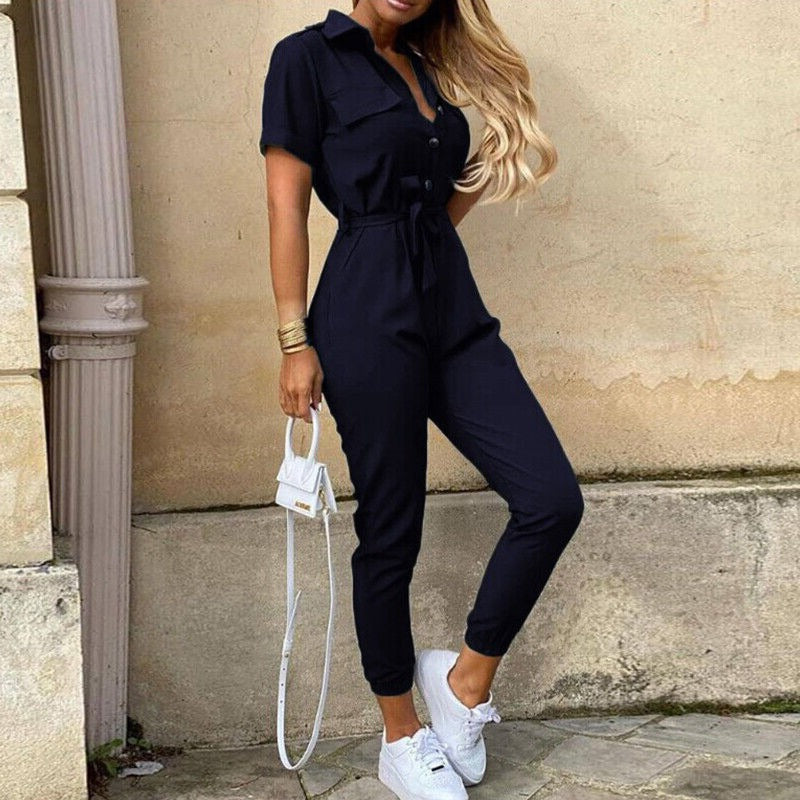 Korte Mouw Jumpsuit Dames – Elegante Jumpsuit met Ceintuur voor Feest en Casual