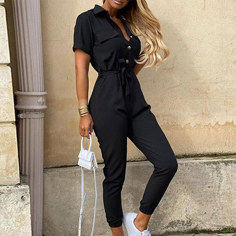 Korte Mouw Jumpsuit Dames – Elegante Jumpsuit met Ceintuur voor Feest en Casual