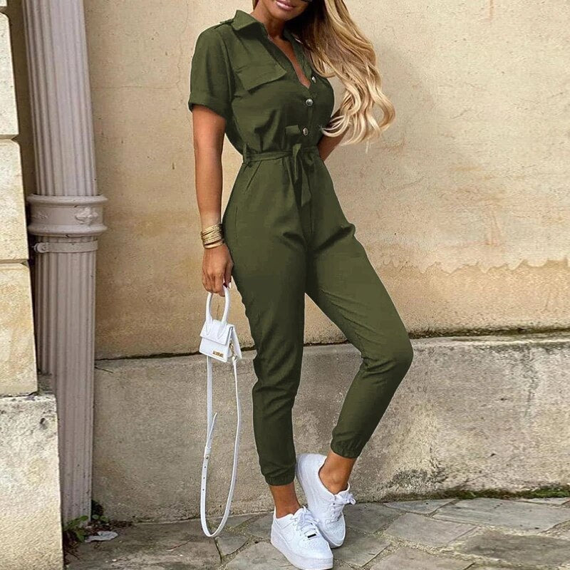 Korte Mouw Jumpsuit Dames – Elegante Jumpsuit met Ceintuur voor Feest en Casual