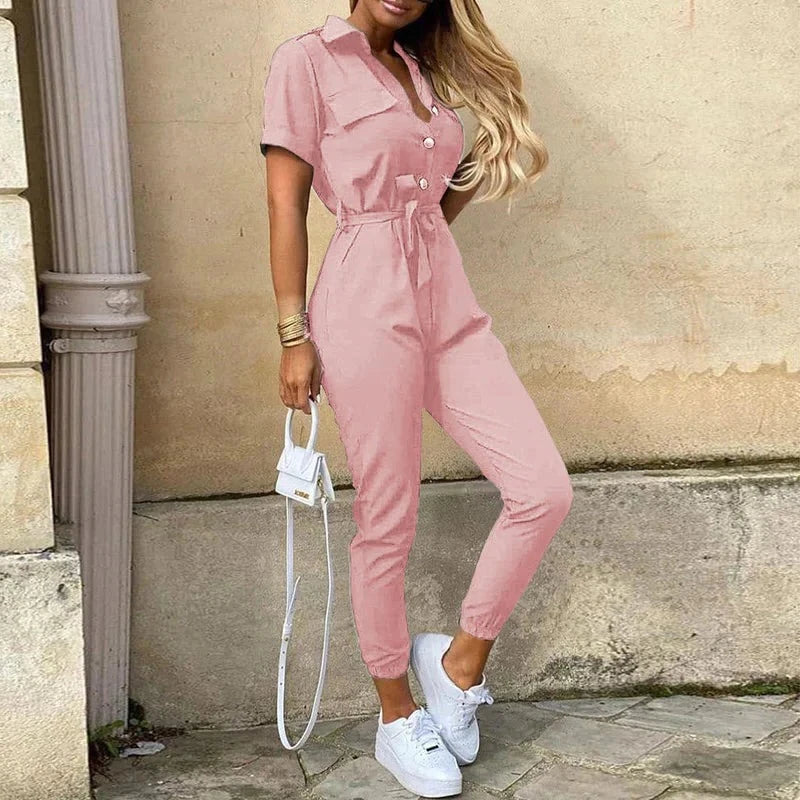 Korte Mouw Jumpsuit Dames – Elegante Jumpsuit met Ceintuur voor Feest en Casual