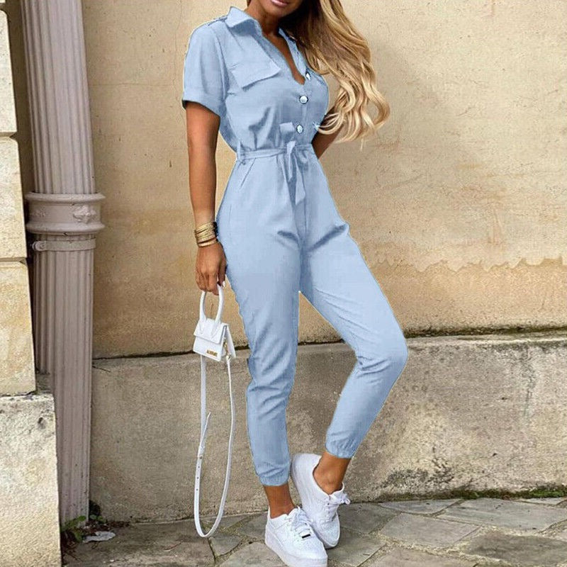 Korte Mouw Jumpsuit Dames – Elegante Jumpsuit met Ceintuur voor Feest en Casual