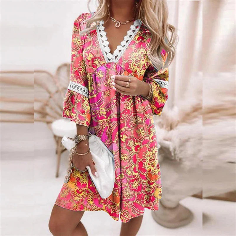Bloemenjurk V-hals Dames – Elegante Jurk voor Feest en Casual Dagen